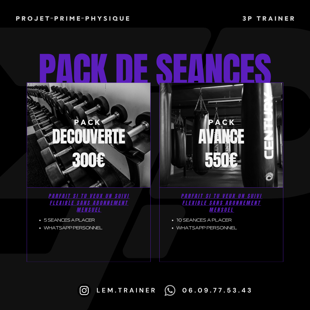 Tarifs packs de séances : pack Découverte 300 € (5 séances à placer) et pack Avancé 550 € (10 séances à placer), avec WhatsApp personnel